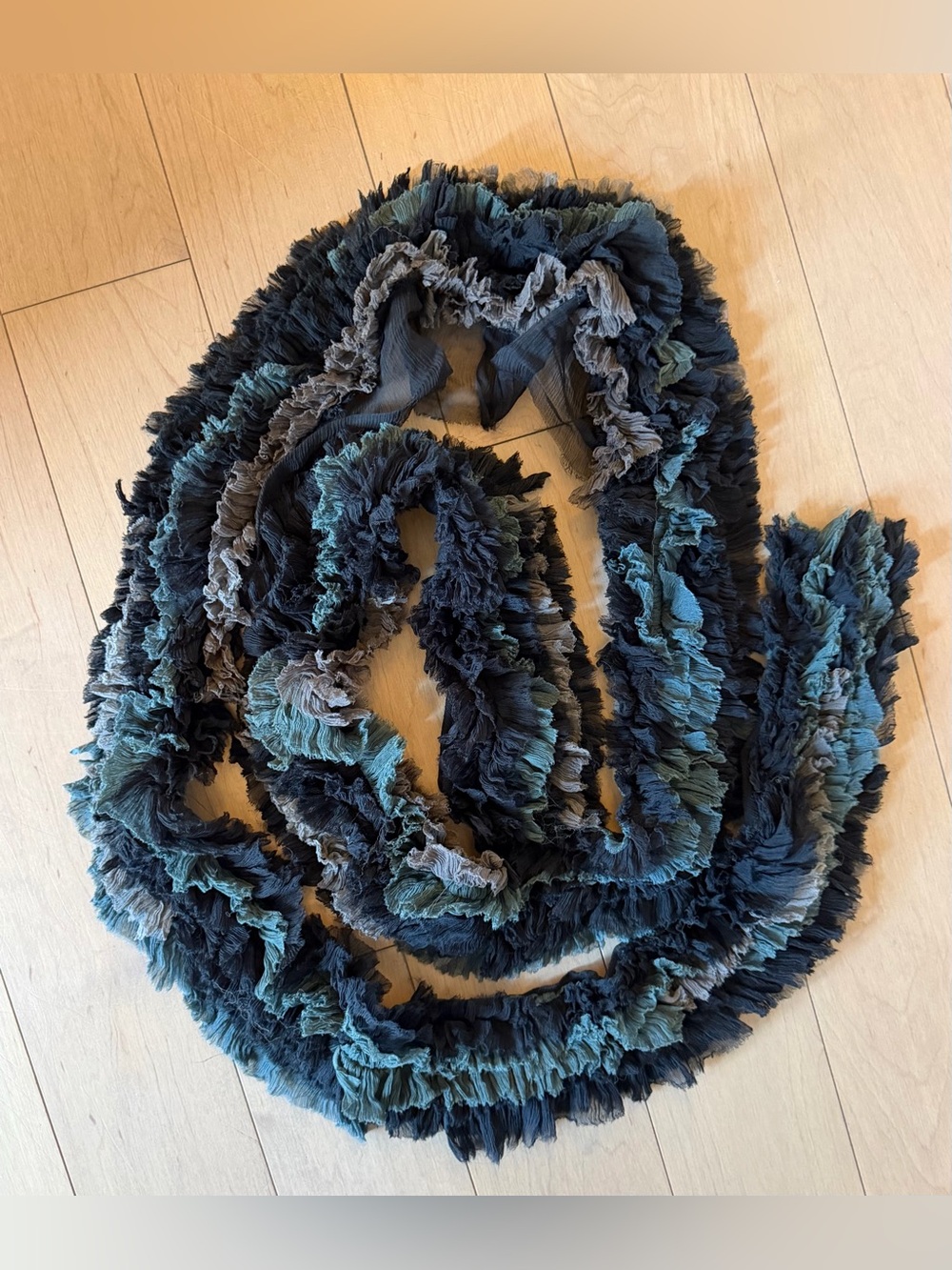 Barneys Karen Monny Silk Ruffled Crinkle Scarf in Teal & Charcoal